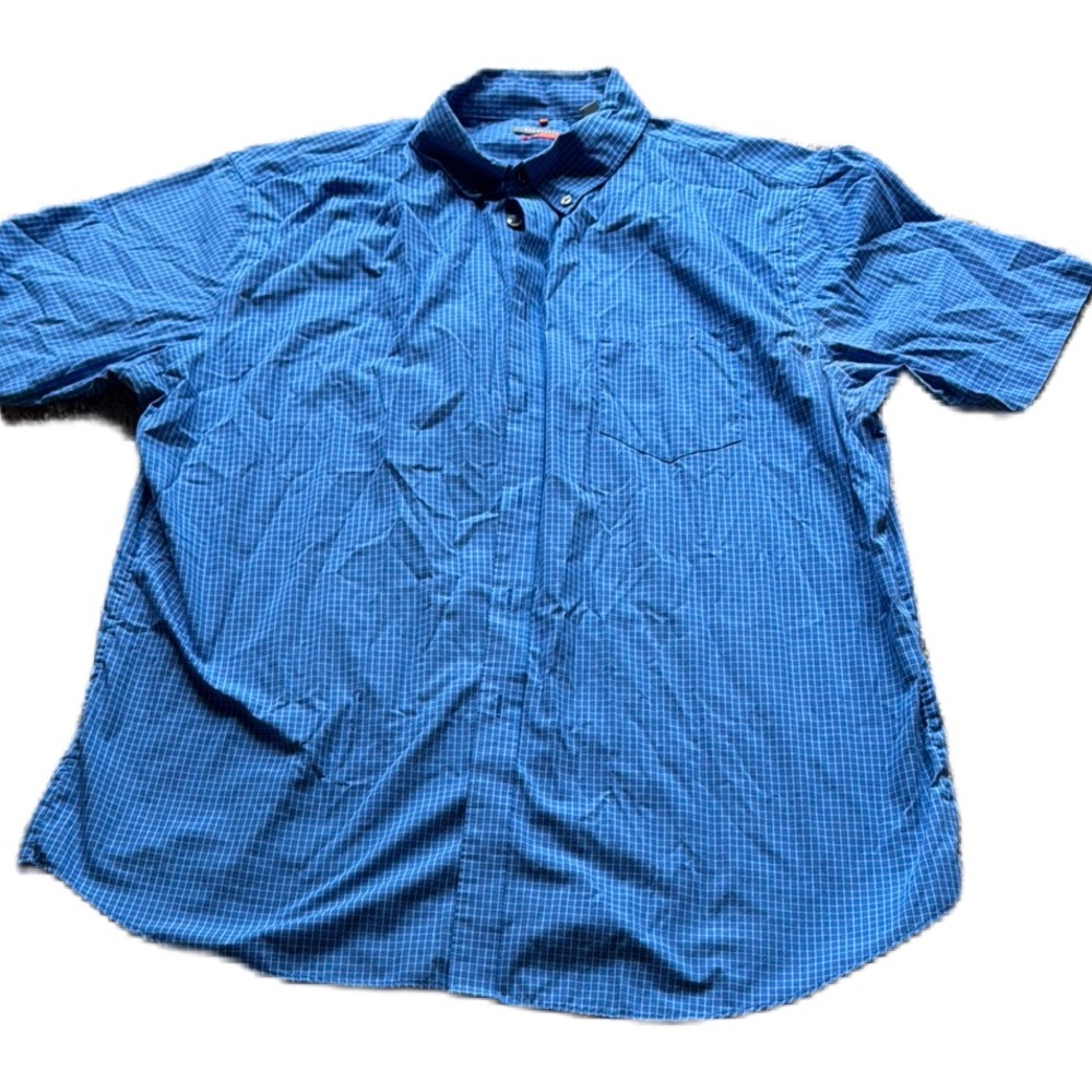 Van Heusen Men's Traveler Short Sleeve Shirt Blue Plaid Size XL Button Down EUC